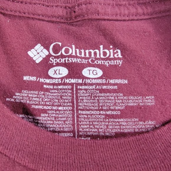 Columbia Mens XL Dark Red Logo Graphic Tshirt Sunset Mountain Short Sleeve - Picture 4 of 9